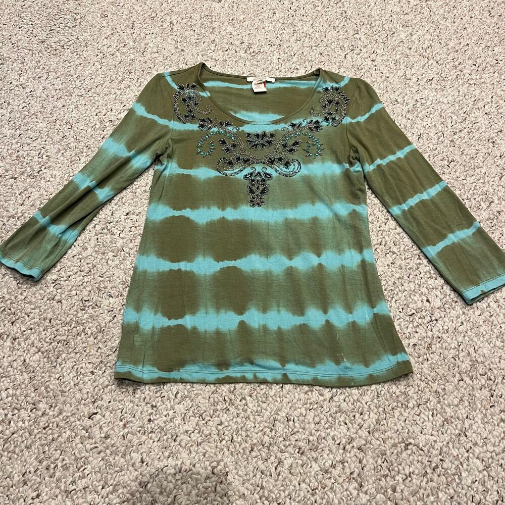 Sundance Embellished Top Sz XS Blue Green Tie Dye Embroidered Boho beaded